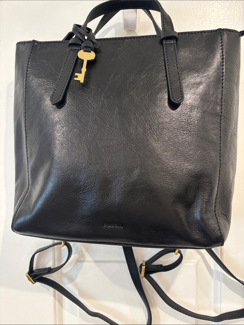 Fossil Black Leather Backpack / Tote with Gold Key Charm